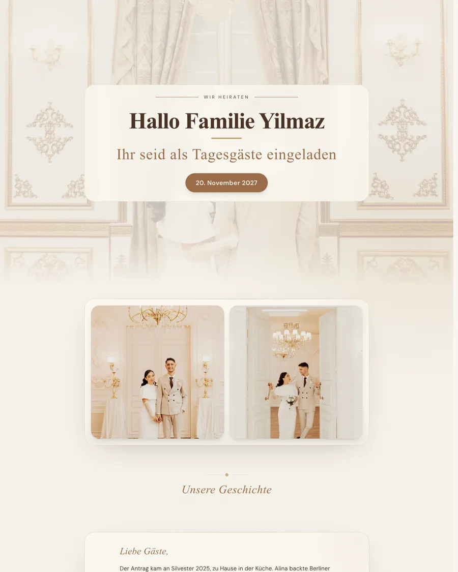Hochzeitswebsite des Demo-Paars Emre und Alina: eine Einladung für jede Familie in Champagner- und Goldtönen, mit Fotos des Paars in einem goldenen Saal