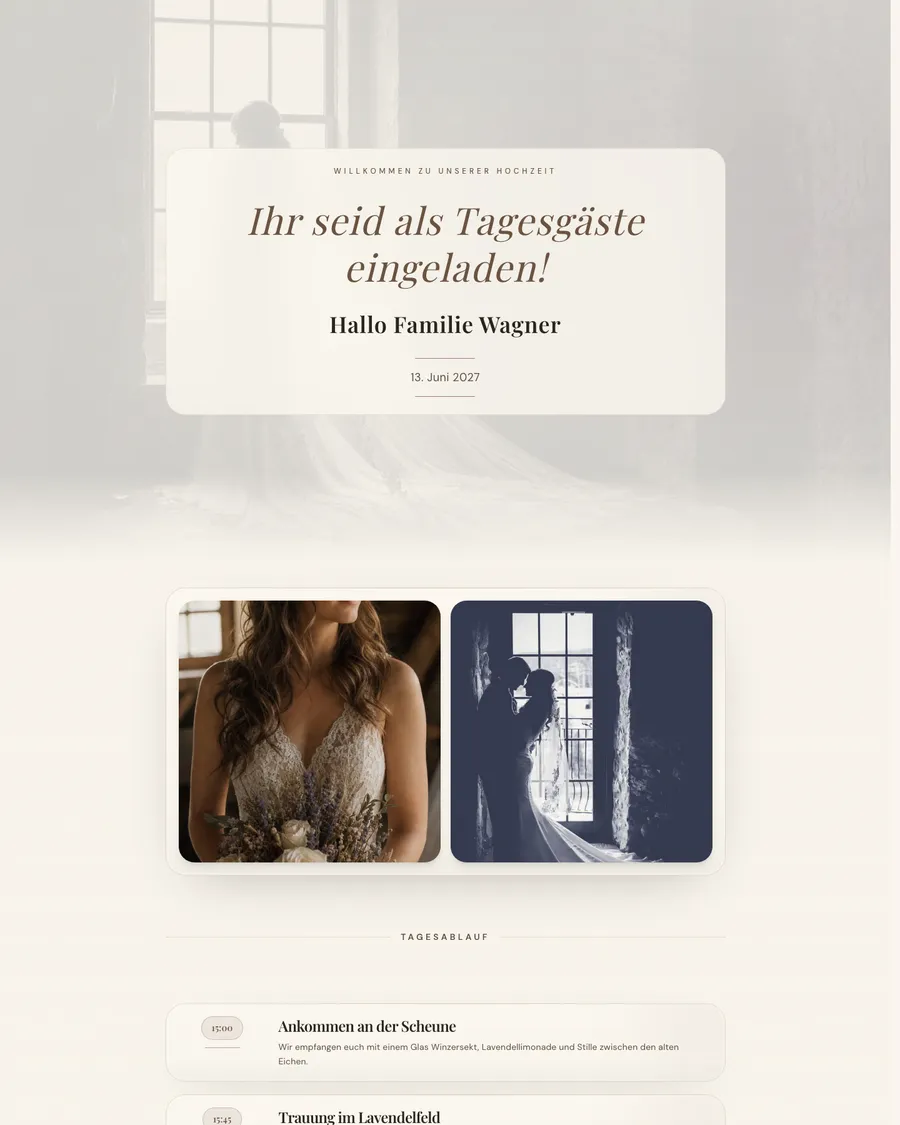 Hochzeitswebsite des Demo-Paars Mila und Gertjan: ein Schwarz-Weiß-Foto im Editorial-Stil von einer Braut an einem hohen Fenster, mit der Einladung in einem hellen Kartenfeld