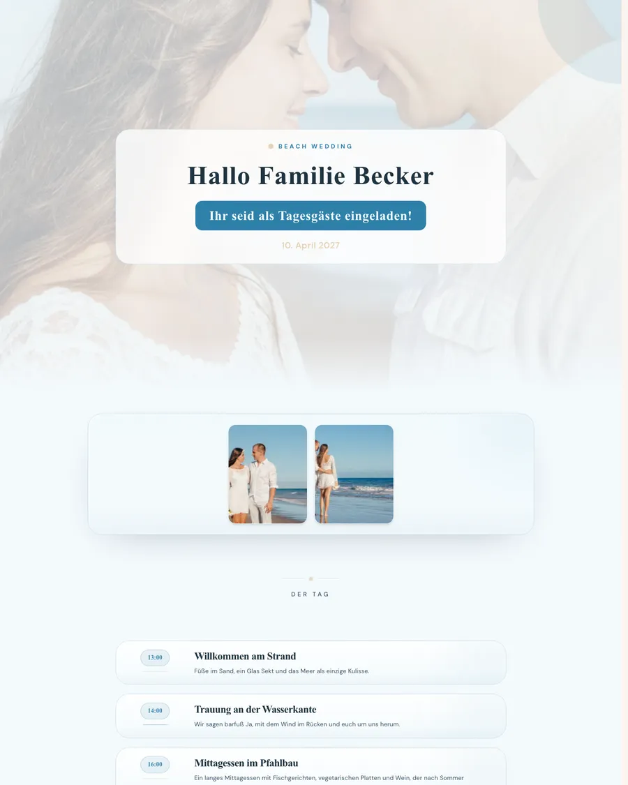 Hochzeitswebsite des Demo-Paars Rick und Fleur: eine Strandhochzeit in hellen Blautönen mit einem persönlichen Willkommen für jede Familie