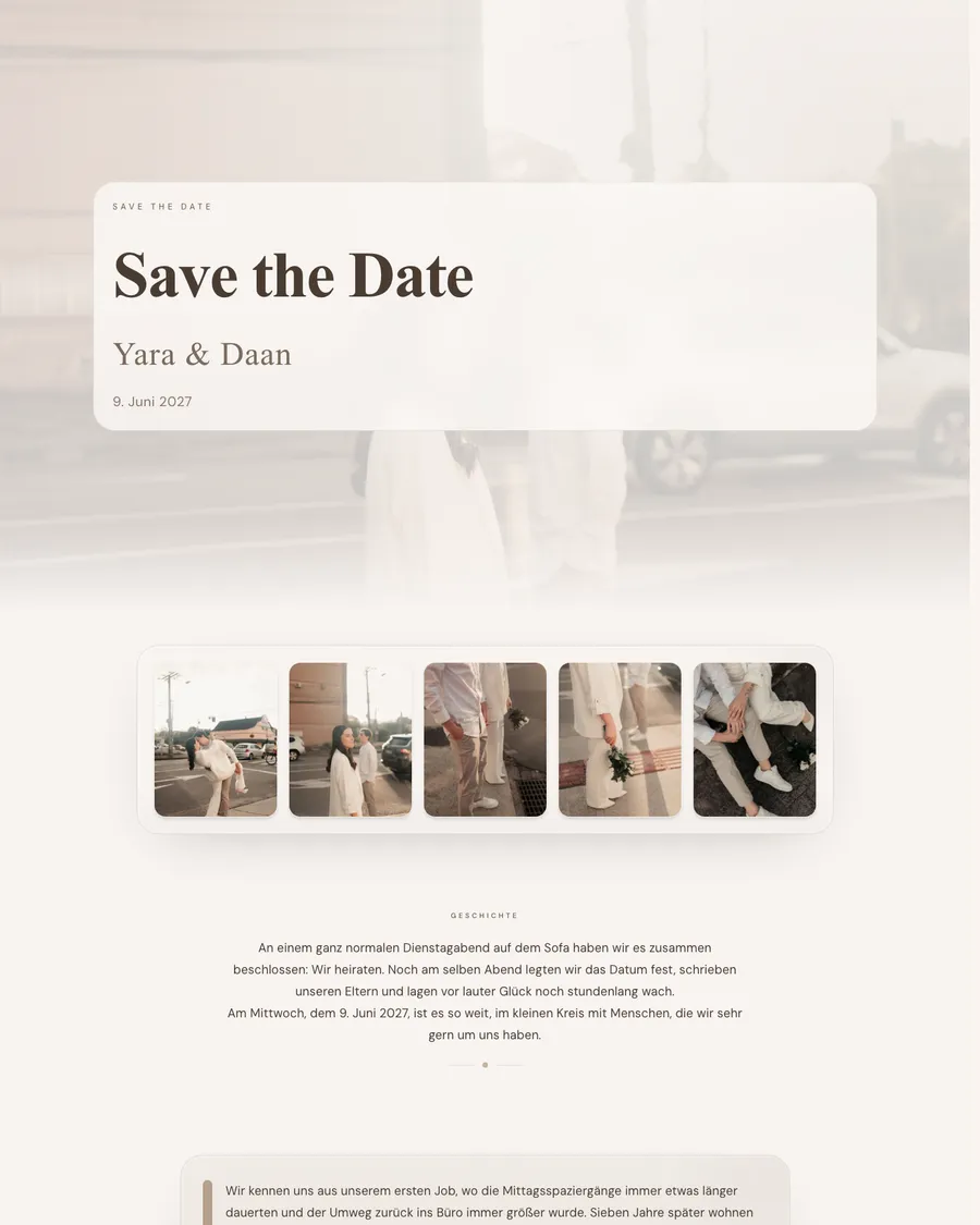 Save the Date des Demo-Paars Yara und Daan: eine urbane Fotoserie in Beige und Taupe mit Namen und Hochzeitsdatum in klarer Schrift