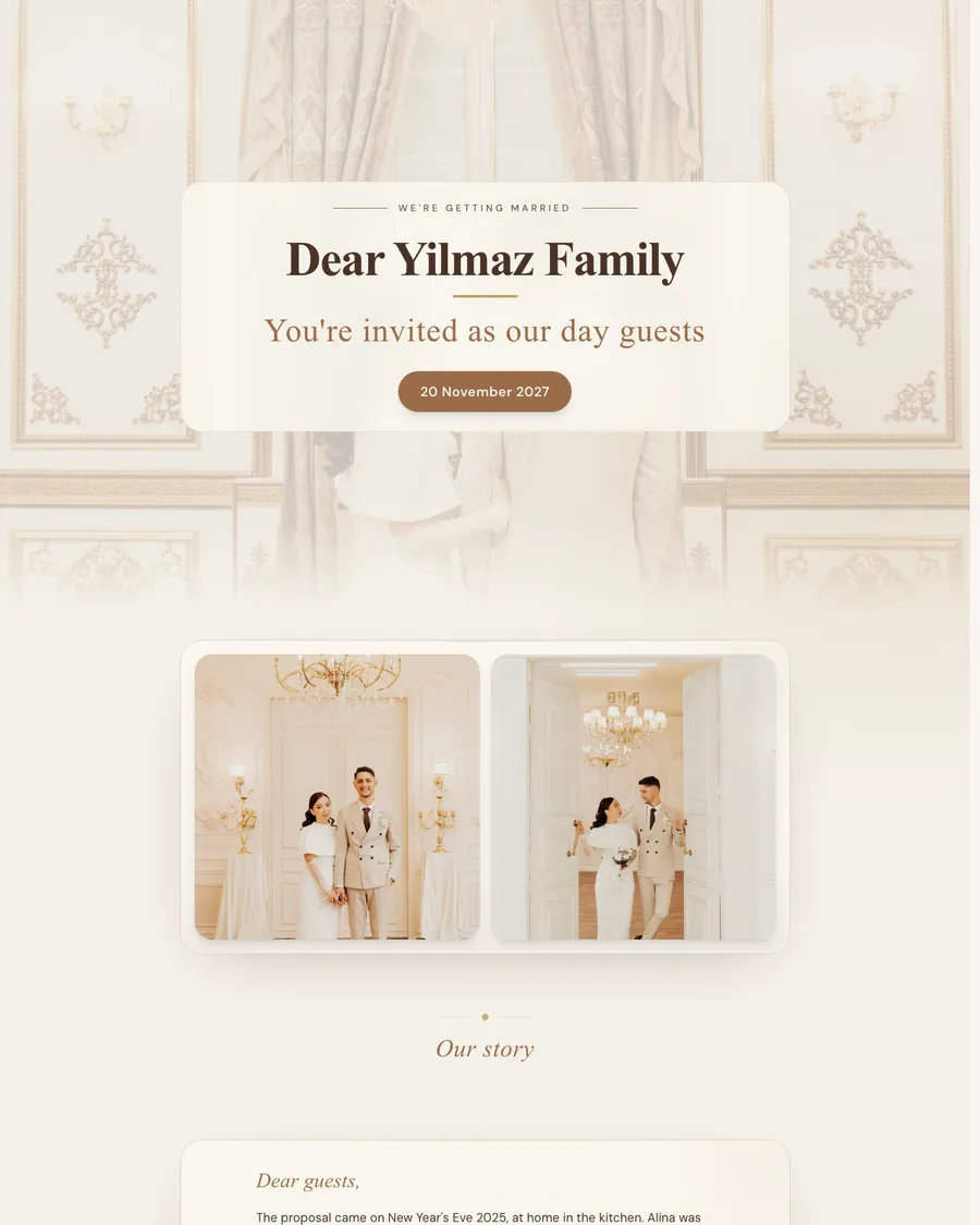 Wedding website for demo couple Emre and Alina: an invitation for each family in champagne and gold tones, with photos of the couple in a golden hall