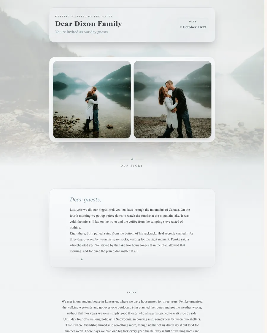 Wedding website for demo couple Femke and Stijn: powder-blue tones by a misty mountain lake, with a personal welcome for each family