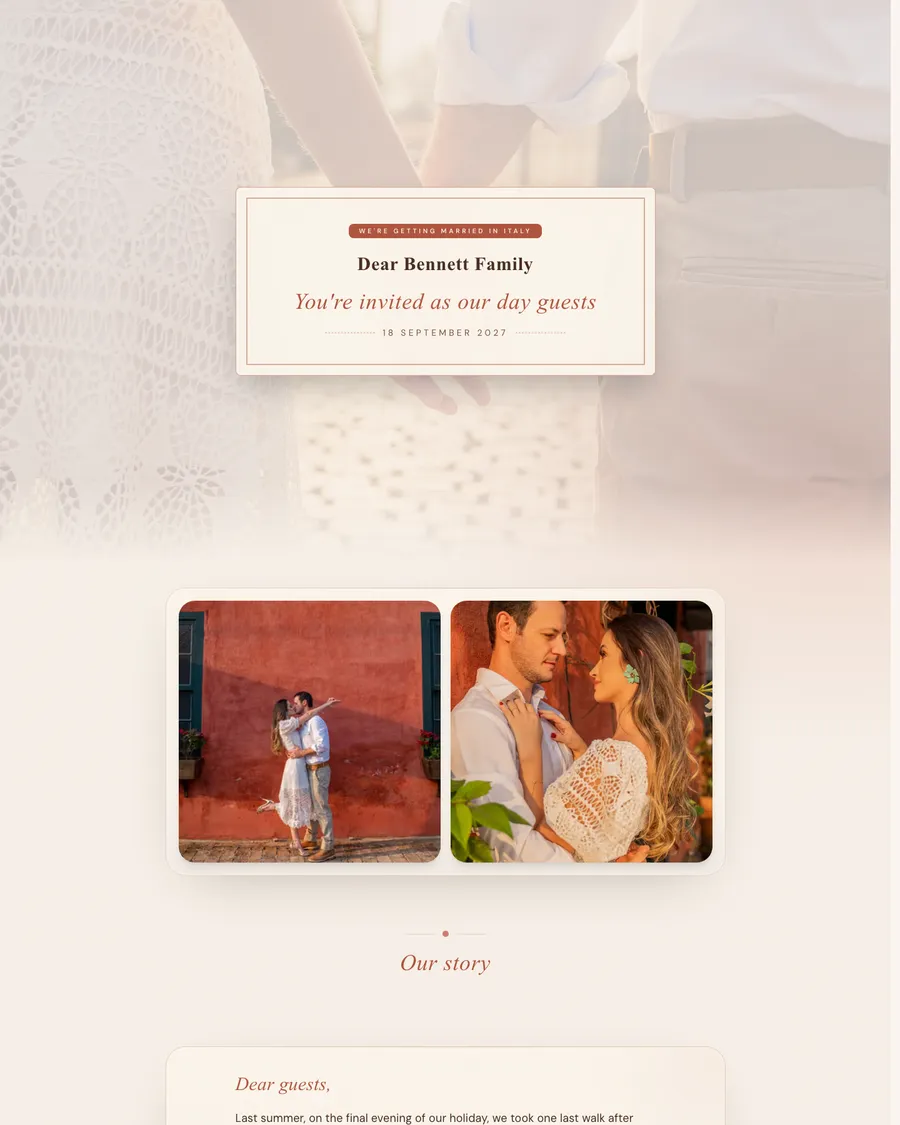 Wedding website for demo couple Isa and Bram: warm terracotta tones from their engagement shoot in a southern village, with an invitation for each family