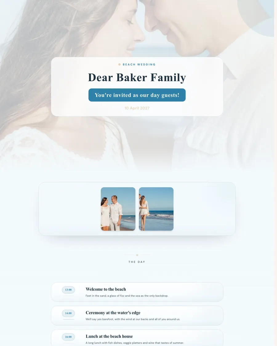 Wedding website for demo couple Rick and Fleur: a beach wedding in light blue tones with a personal welcome for each family