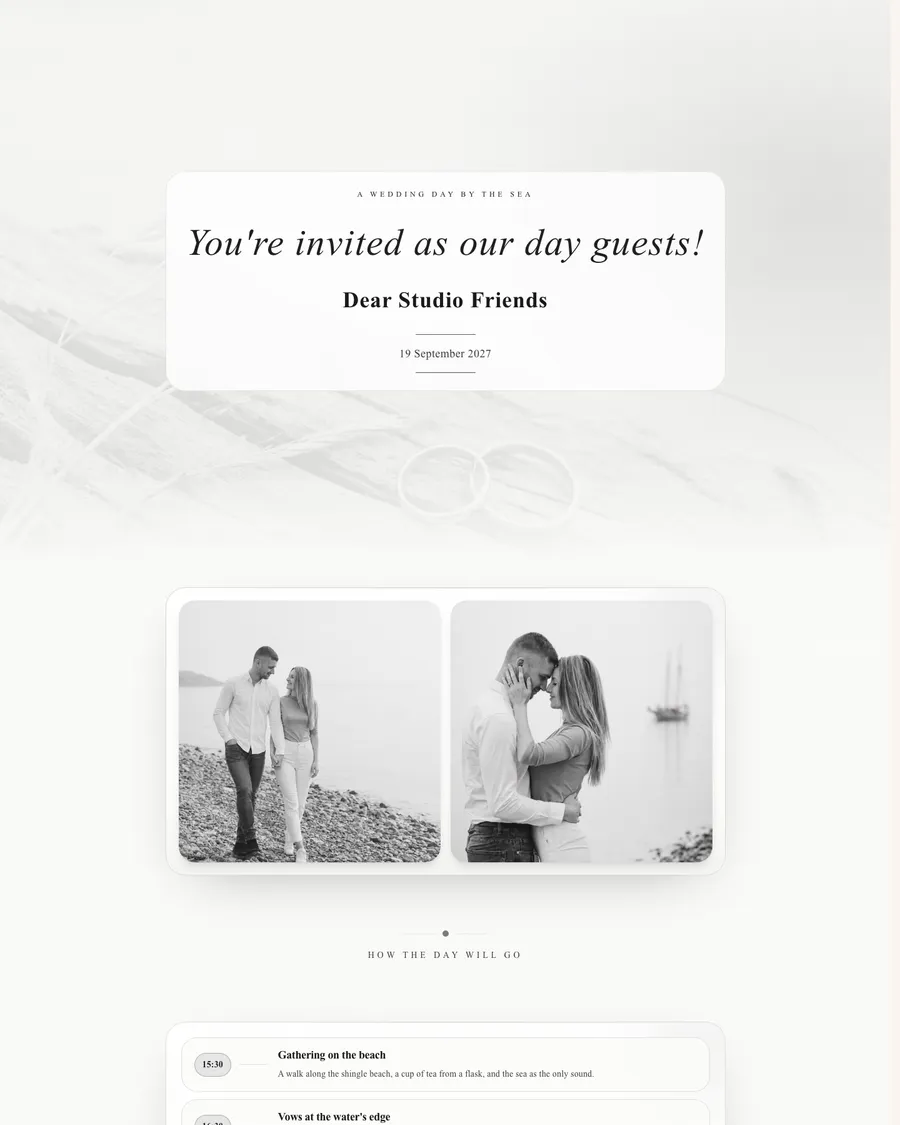 Wedding website for demo couple Suzan and Freek: a quiet seaside wedding day in black and white, with wedding rings on weathered wood