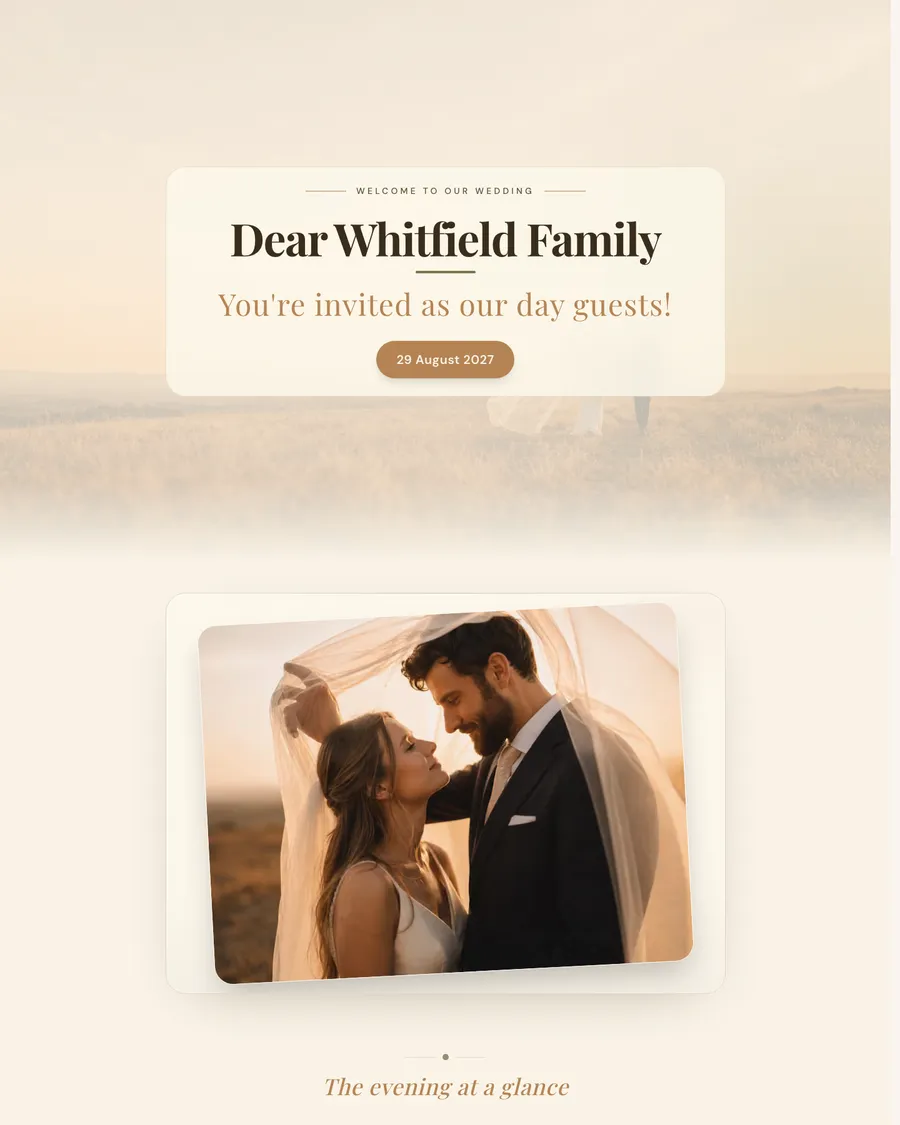 Wedding website for demo couple Thomas and Anouk: a bride and groom in golden evening light among the fields, with a personal welcome for each family in a light card panel