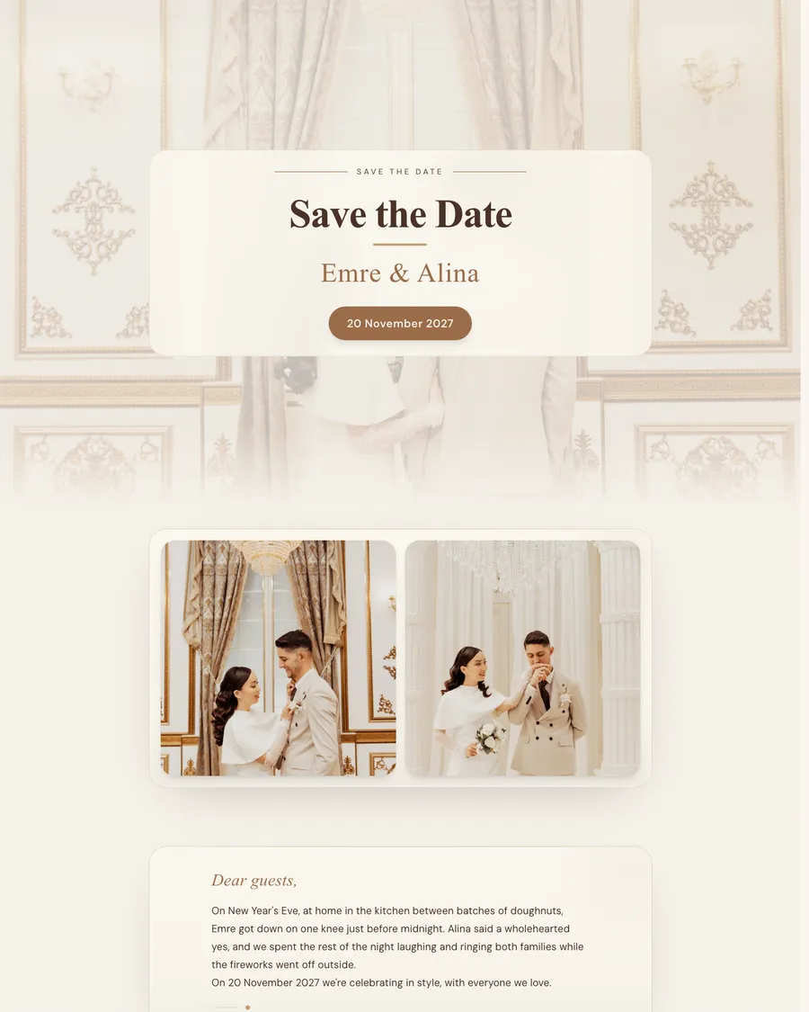Save the date for demo couple Emre and Alina: elegant lettering in champagne and gold tones, with photos of the couple in a golden hall