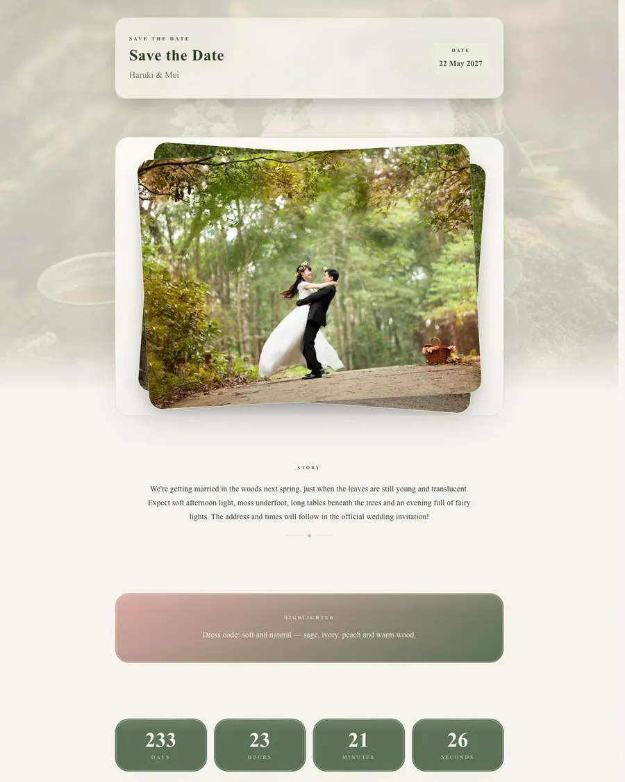 Save the date for demo couple Haruki and Mei: a green woodland mood with moss and flowers, and a countdown to the wedding date