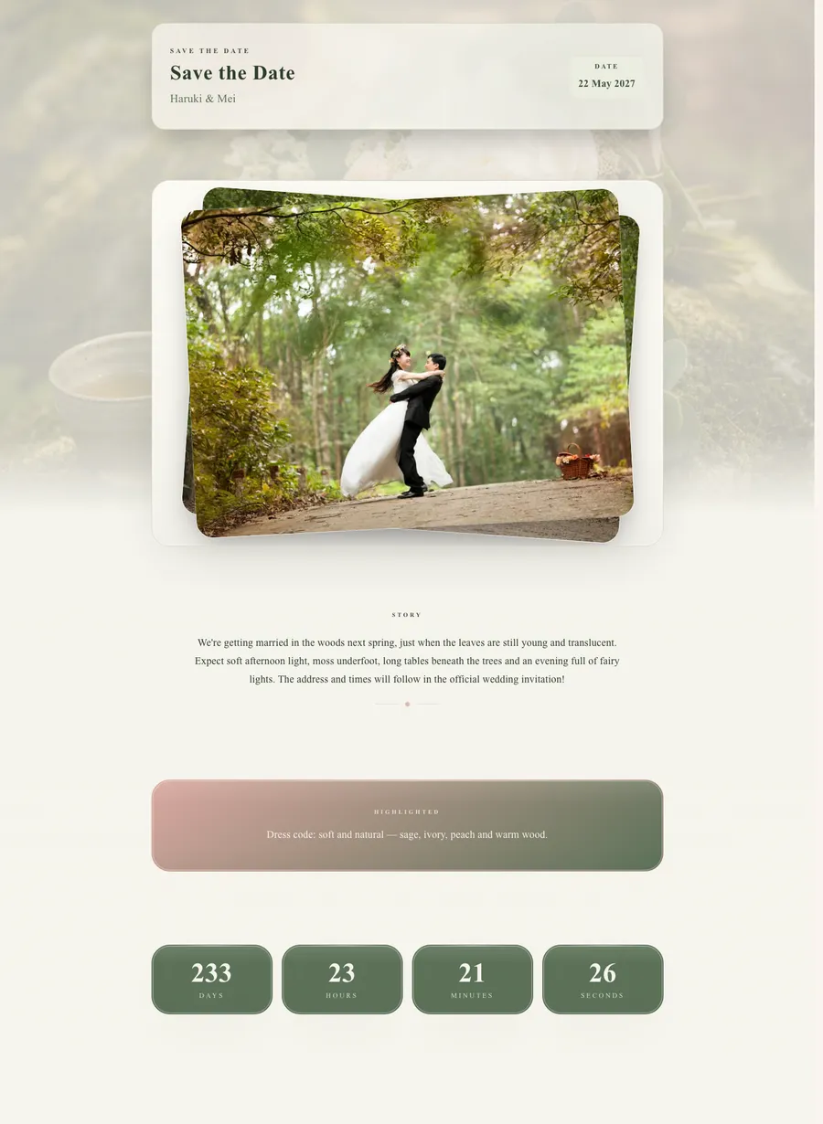 Example save the date for Haruki & Mei — a serene woodland mood.
