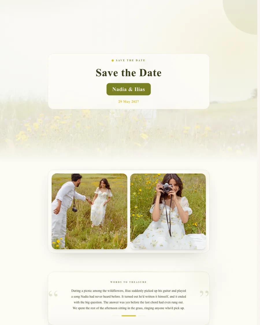 Save the date for demo couple Nadia and Ilias: photos of the couple in a field of yellow flowers, with their names and date in a light card panel