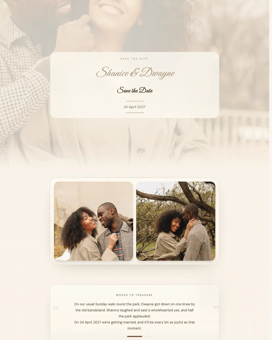 Save the date for demo couple Shanice and Dwayne: their names in handwritten lettering on soft cream, with photos beneath a blossoming tree
