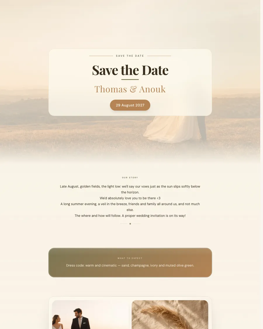 Save the date for demo couple Thomas and Anouk: a bride and groom in golden evening light among the fields, with the wedding date in a light card panel