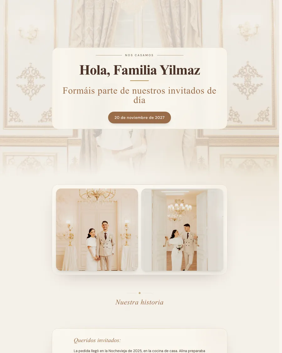 Web de boda de la pareja de demostración Emre y Alina: una invitación para cada familia en tonos champán y dorado, con fotos de la pareja en un salón dorado