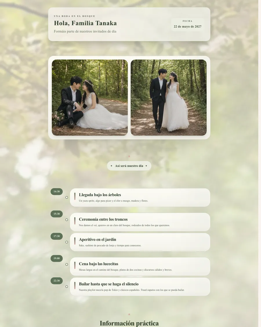 Web de boda de la pareja de demostración Haruki y Mei: una boda en el bosque con una bienvenida para cada familia y un programa desde la llegada hasta el baile bajo las guirnaldas de luces
