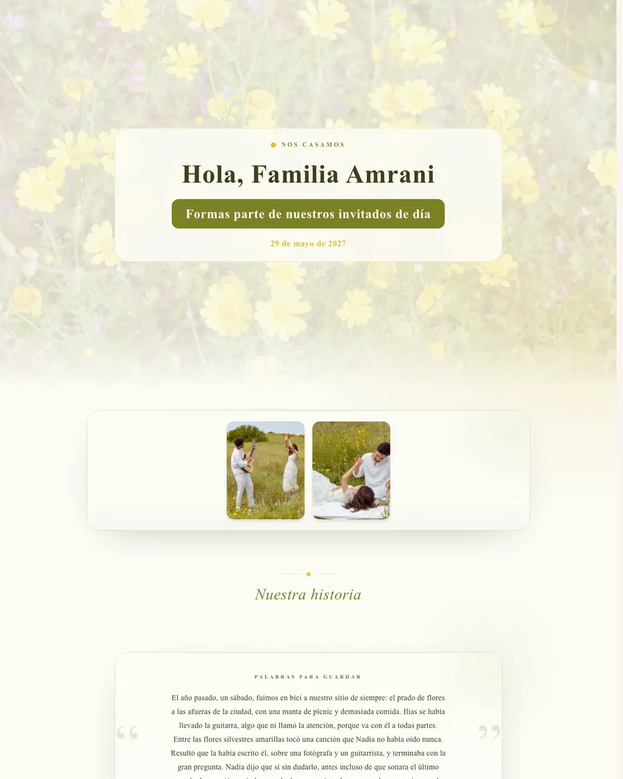 Web de boda de la pareja de demostración Nadia e Ilias: tonos amarillo mantequilla y un campo de flores, con una invitación para cada familia