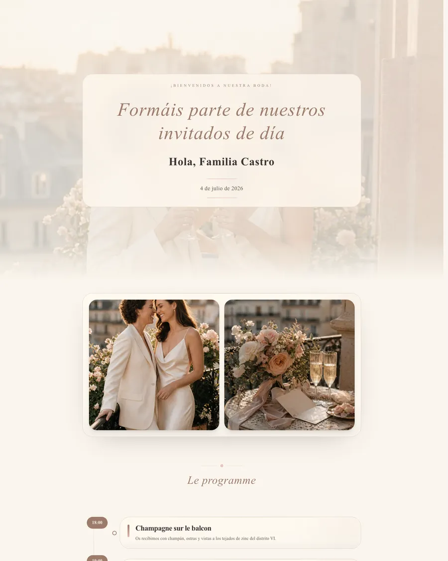 Web de boda de la pareja de demostración Noor y Linde: un ambiente parisino dorado con invitación y texto de bienvenida para cada familia