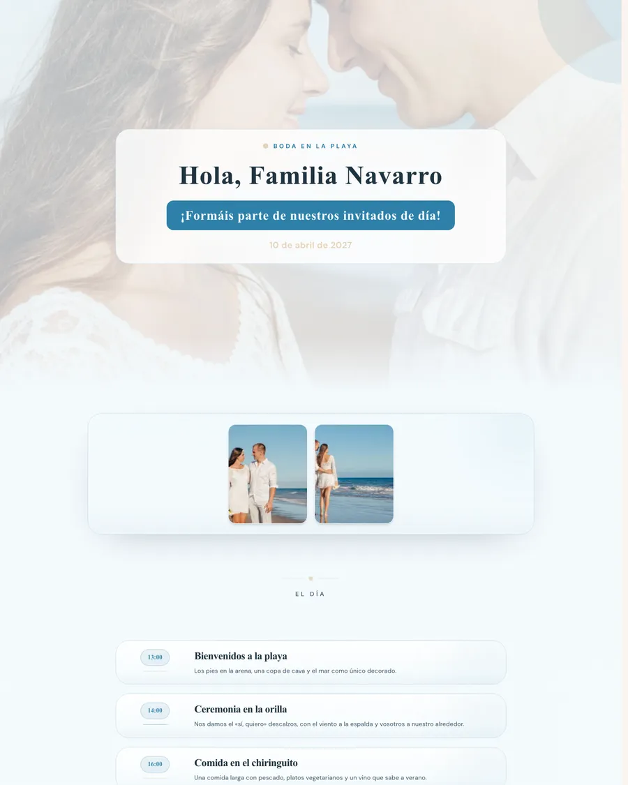 Web de boda de la pareja de demostración Rick y Fleur: una boda en la playa en tonos azul claro con una bienvenida personal para cada familia