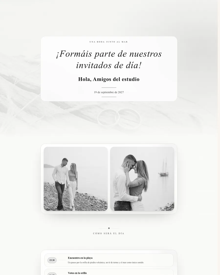 Web de boda de la pareja de demostración Suzan y Freek: un día de boda tranquilo junto al mar en blanco y negro, con los anillos sobre madera envejecida