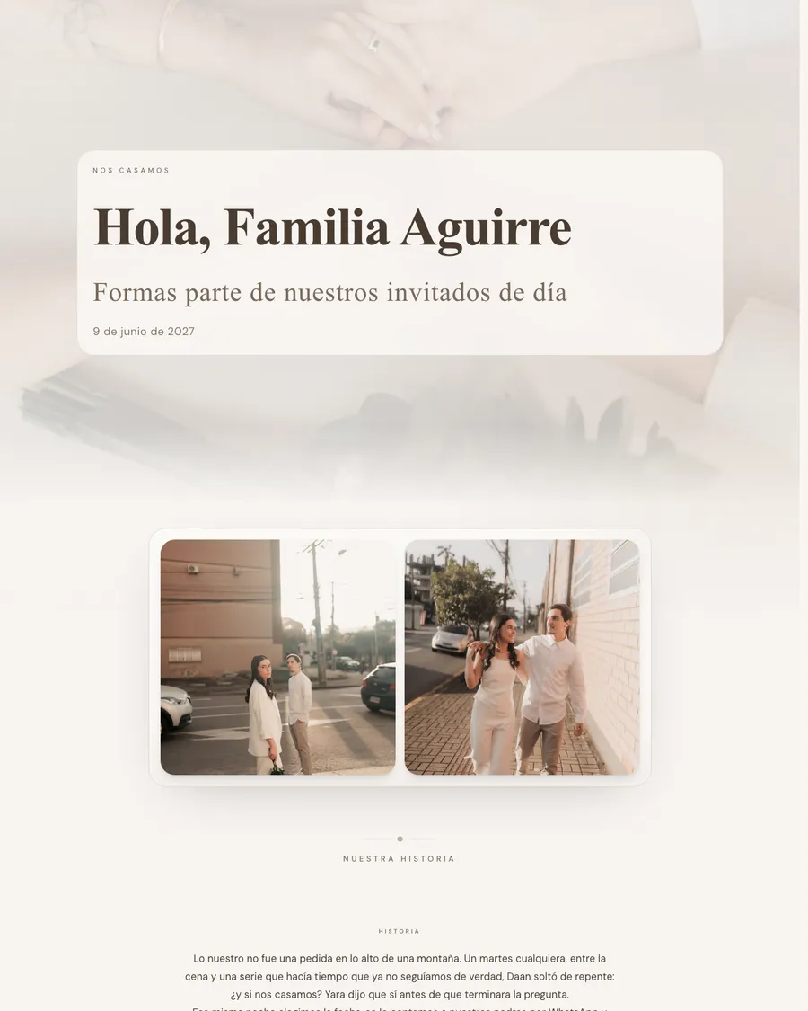 Web de boda de la pareja de demostración Yara y Daan: luz urbana nítida en beis y taupe, con una bienvenida para cada familia y una serie de fotos de la ciudad