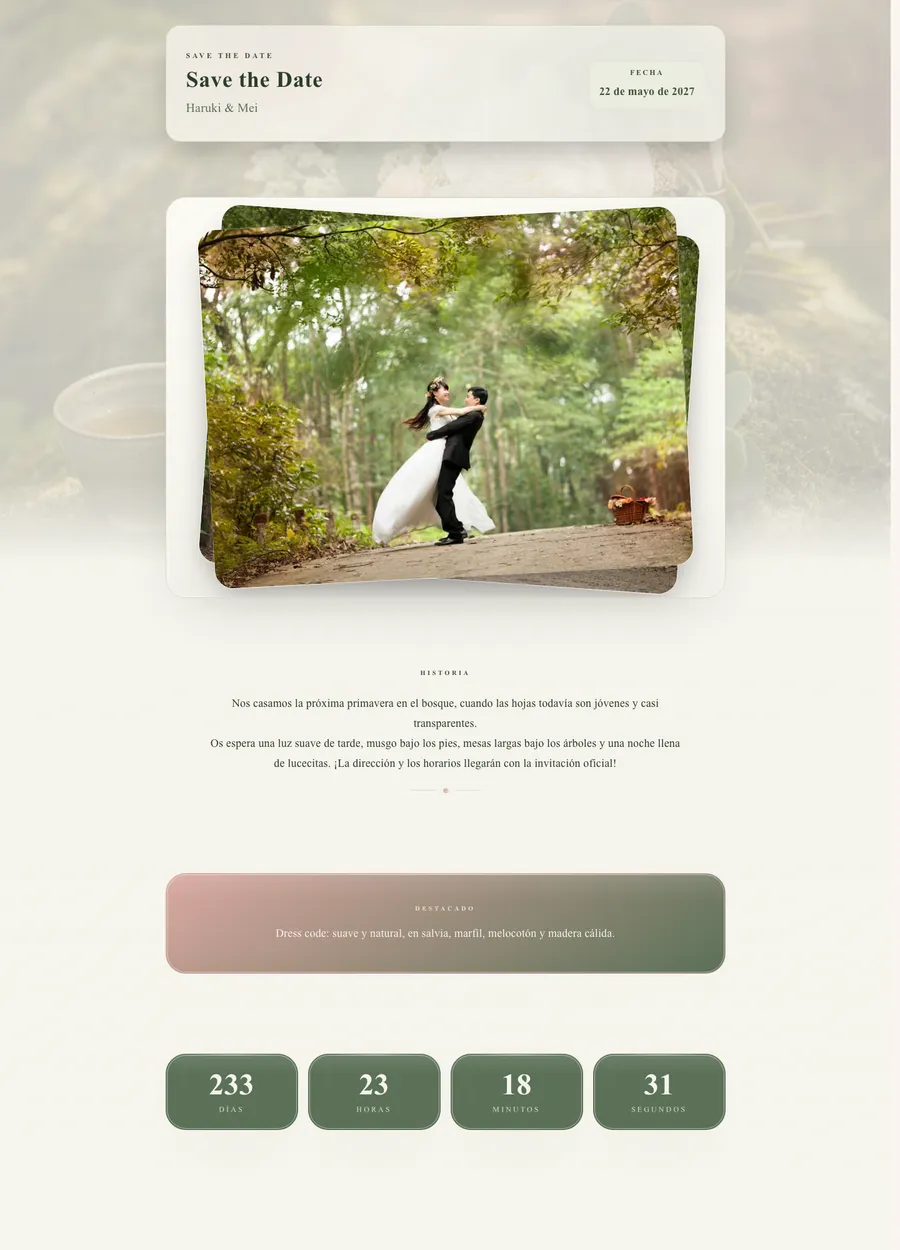 Ejemplo de Save the Date de Haruki y Mei, con un ambiente sereno de bosque.