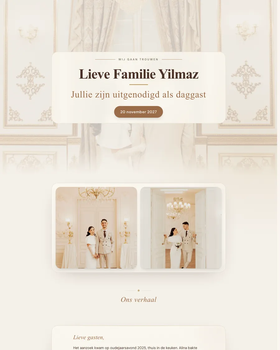 Wedding website for demo couple Emre and Alina: an invitation for each family in champagne and gold tones, with photos of the couple in a golden hall