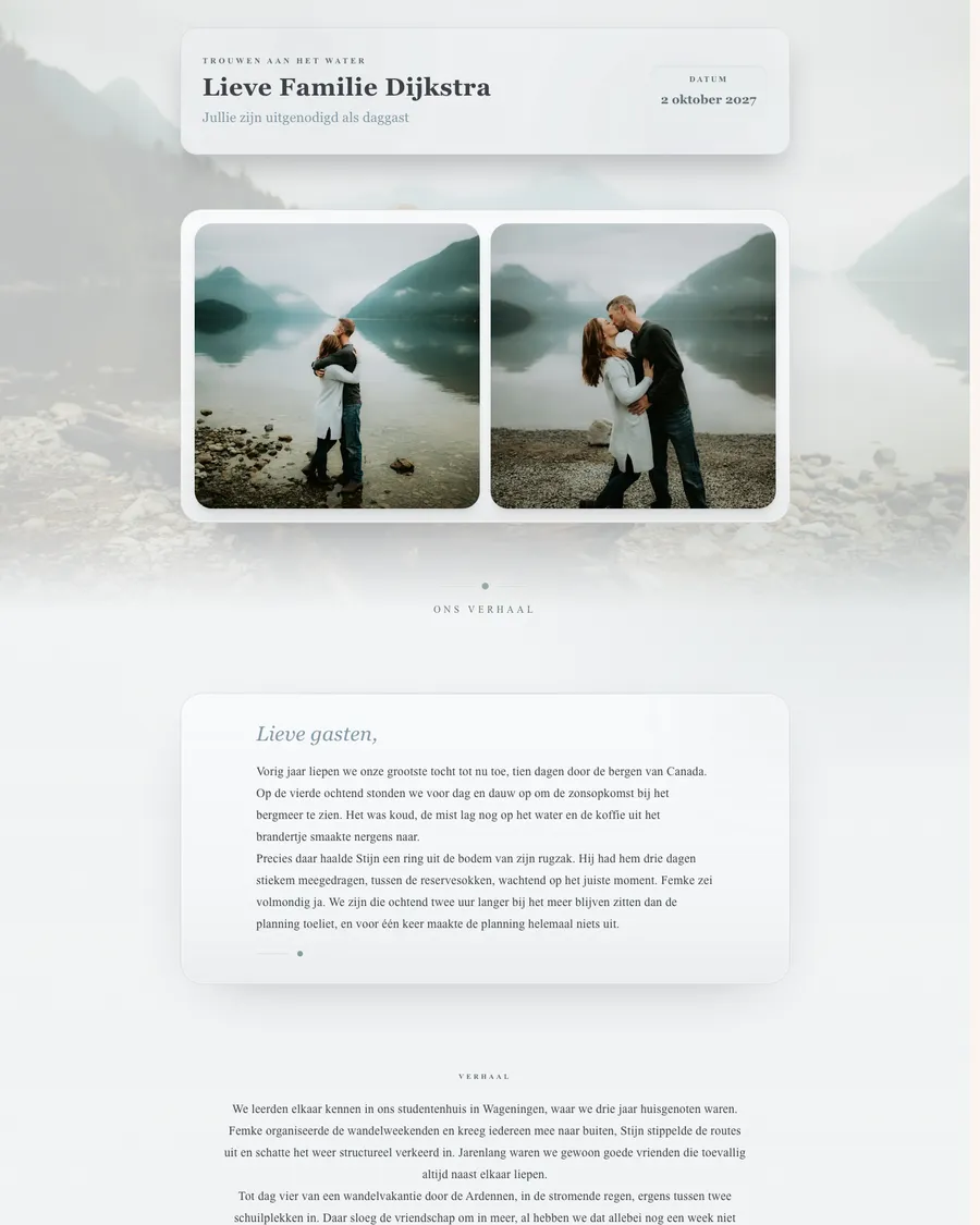 Wedding website for demo couple Femke and Stijn: powder-blue tones by a misty mountain lake, with a personal welcome for each family