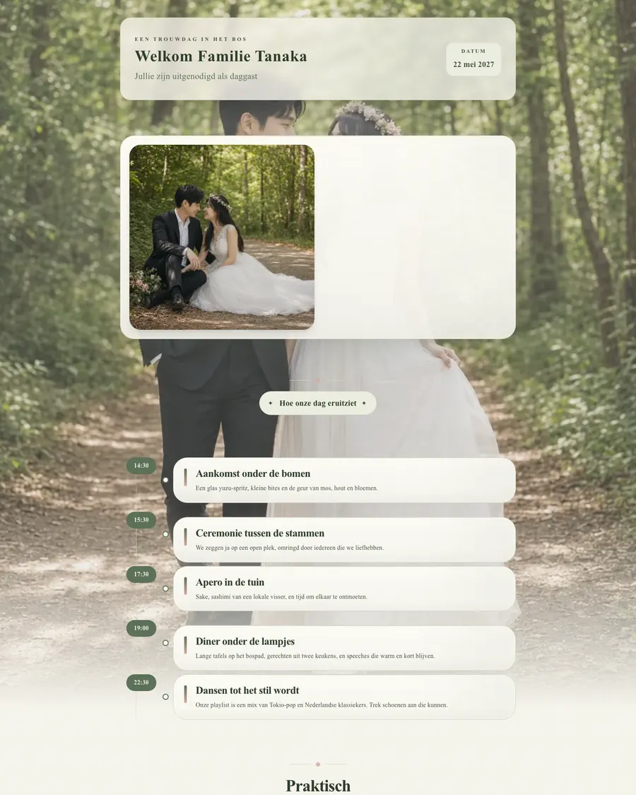 Wedding website for demo couple Haruki and Mei: a woodland wedding with a welcome for each family and a timeline from arrival to dancing under the fairy lights