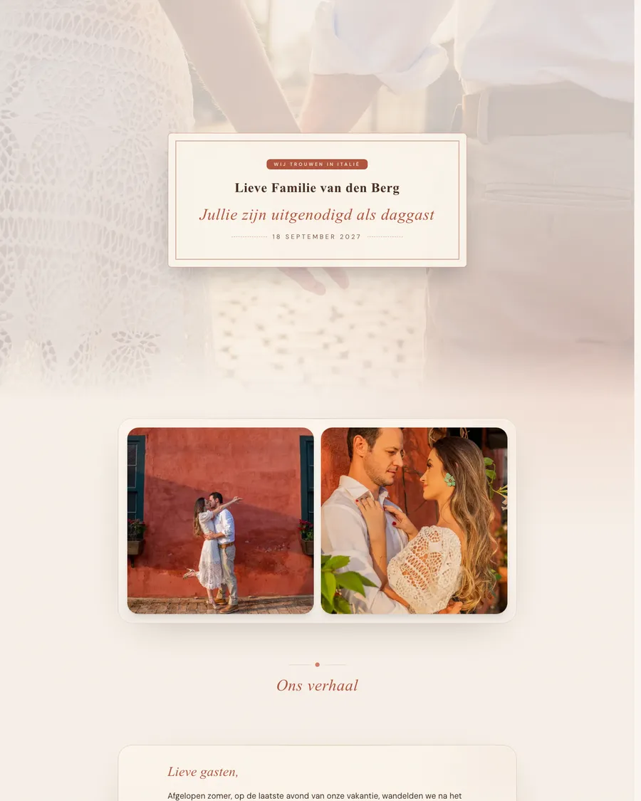 Wedding website for demo couple Isa and Bram: warm terracotta tones from their engagement shoot in a southern village, with an invitation for each family