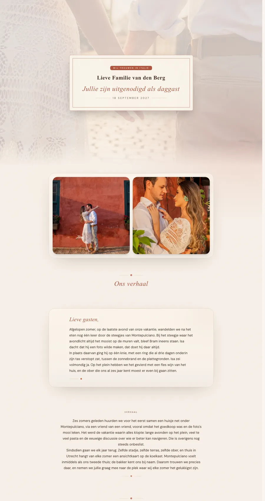 Example invitation page for Isa & Bram, in warm terracotta tones from their engagement shoot.