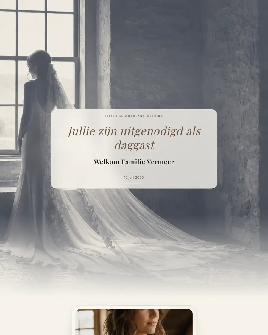 Wedding website for demo couple Mila and Gertjan: an editorial black-and-white photo of a bride by a tall window, with the invitation in a light card panel