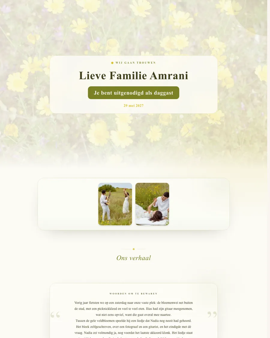 Wedding website for demo couple Nadia and Ilias: buttery yellow tones and a field of flowers, with an invitation for each family