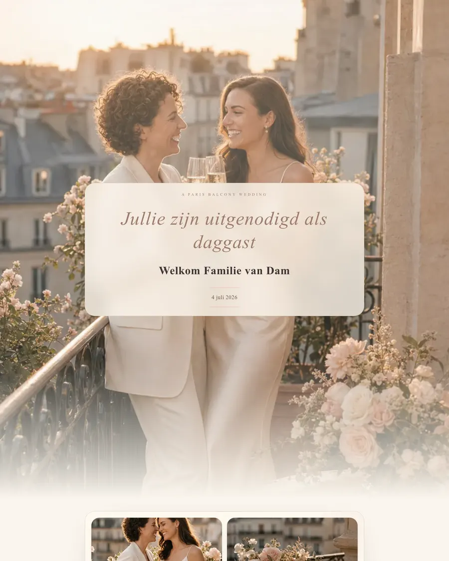 Wedding website for demo couple Noor and Linde: a golden Parisian mood with an invitation and welcome message for each family