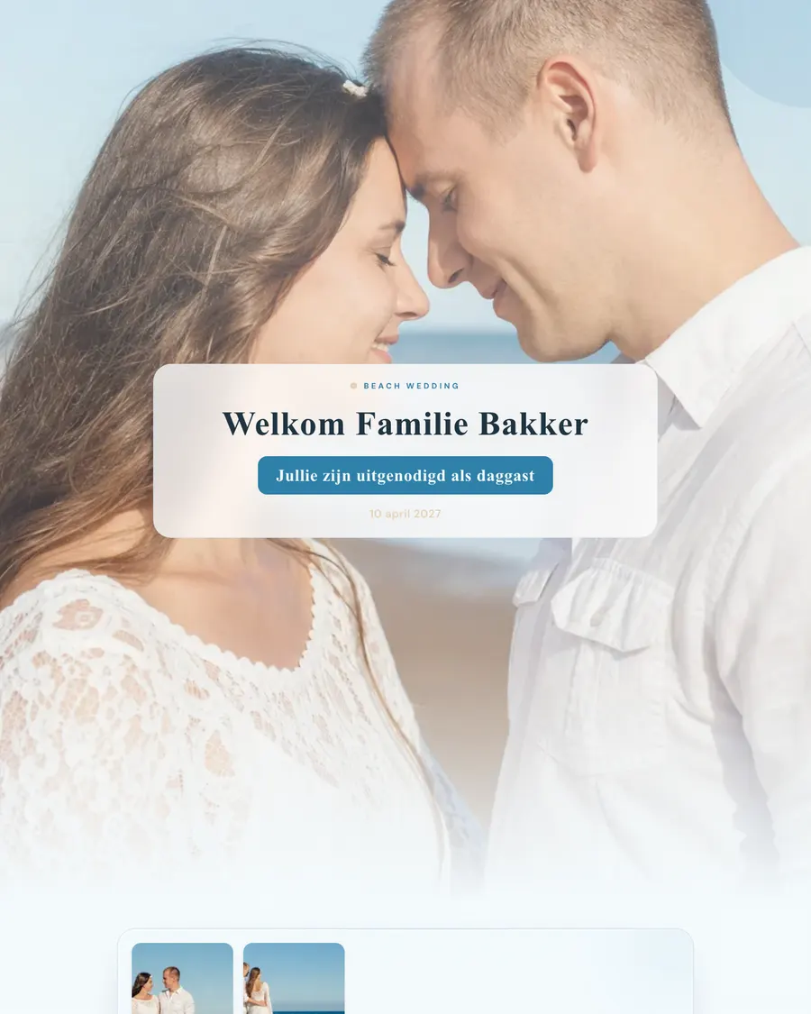 Wedding website for demo couple Rick and Fleur: a beach wedding in light blue tones with a personal welcome for each family