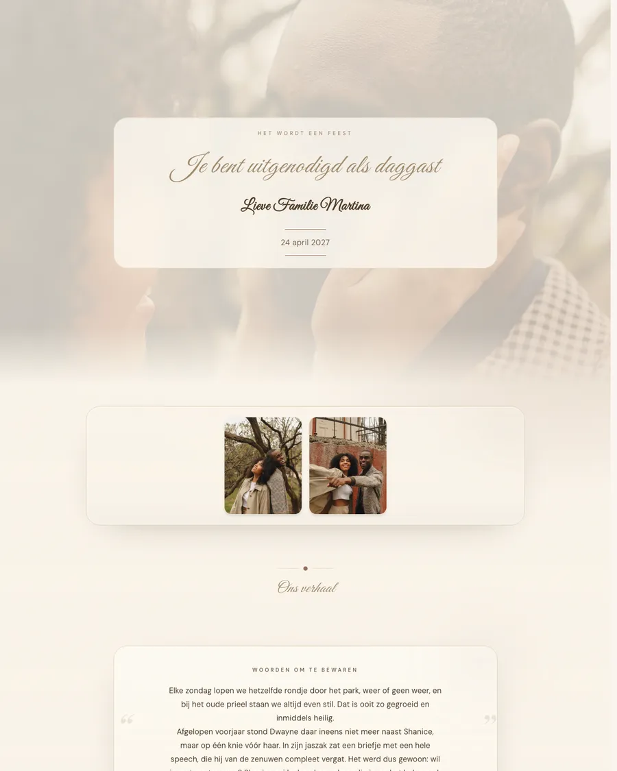 Wedding website for demo couple Shanice and Dwayne: soft cream and sand tones from their spring shoot in the park, with an invitation for each family