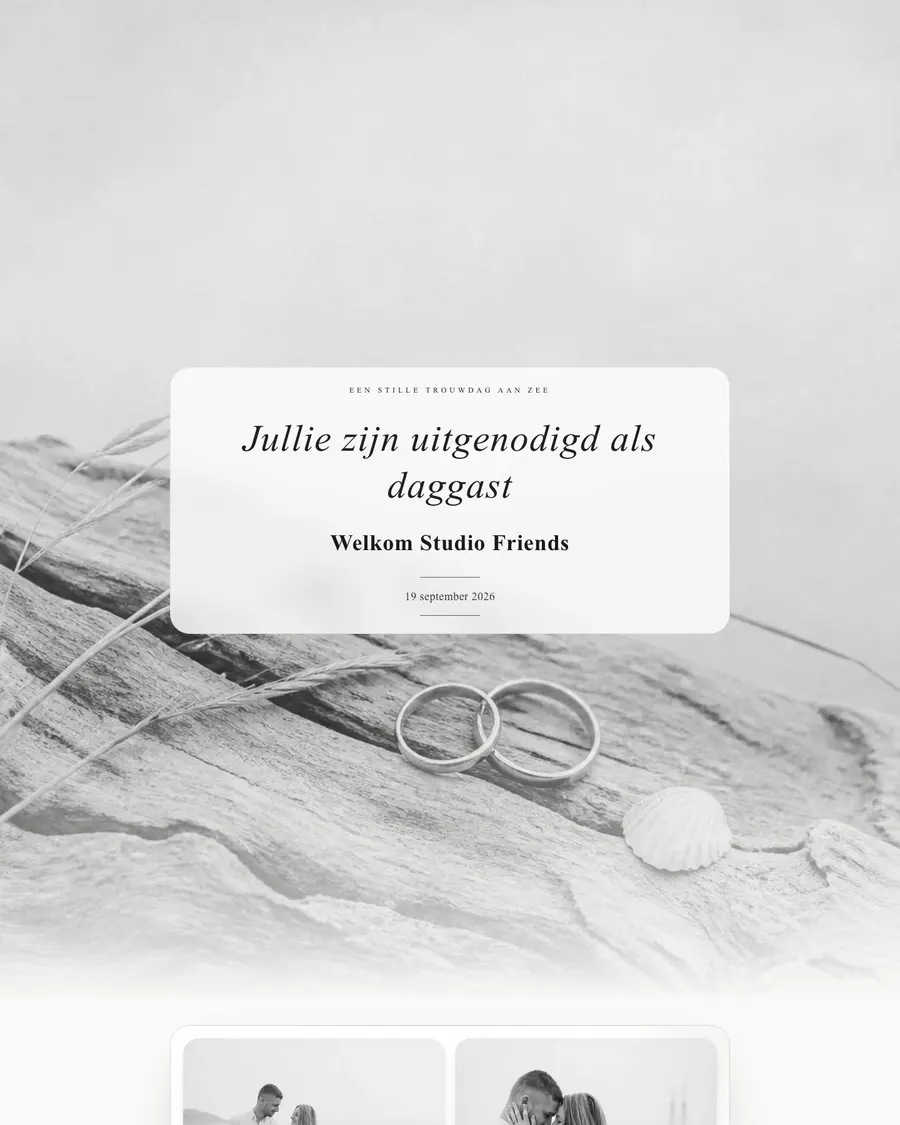 Wedding website for demo couple Suzan and Freek: a quiet seaside wedding day in black and white, with wedding rings on weathered wood