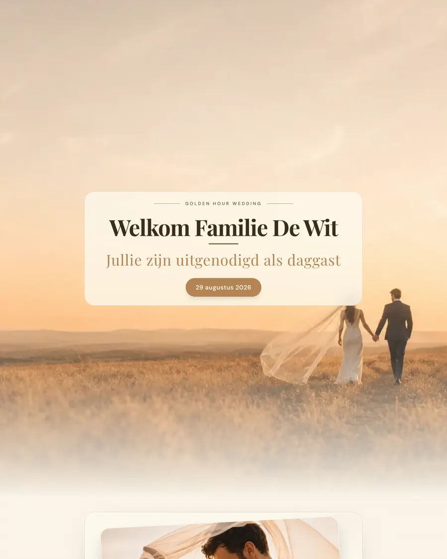 Wedding website for demo couple Thomas and Anouk: a bride and groom in golden evening light among the fields, with a personal welcome for each family in a light card panel