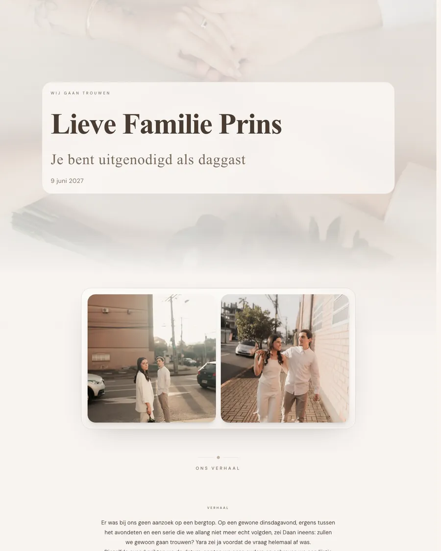 Wedding website for demo couple Yara and Daan: crisp city light in beige and taupe, with a welcome for each family and a series of city photos