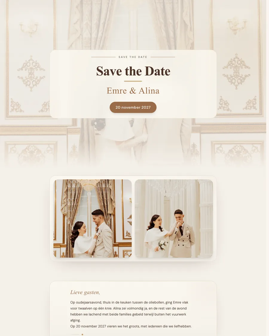 Save the date for demo couple Emre and Alina: elegant lettering in champagne and gold tones, with photos of the couple in a golden hall