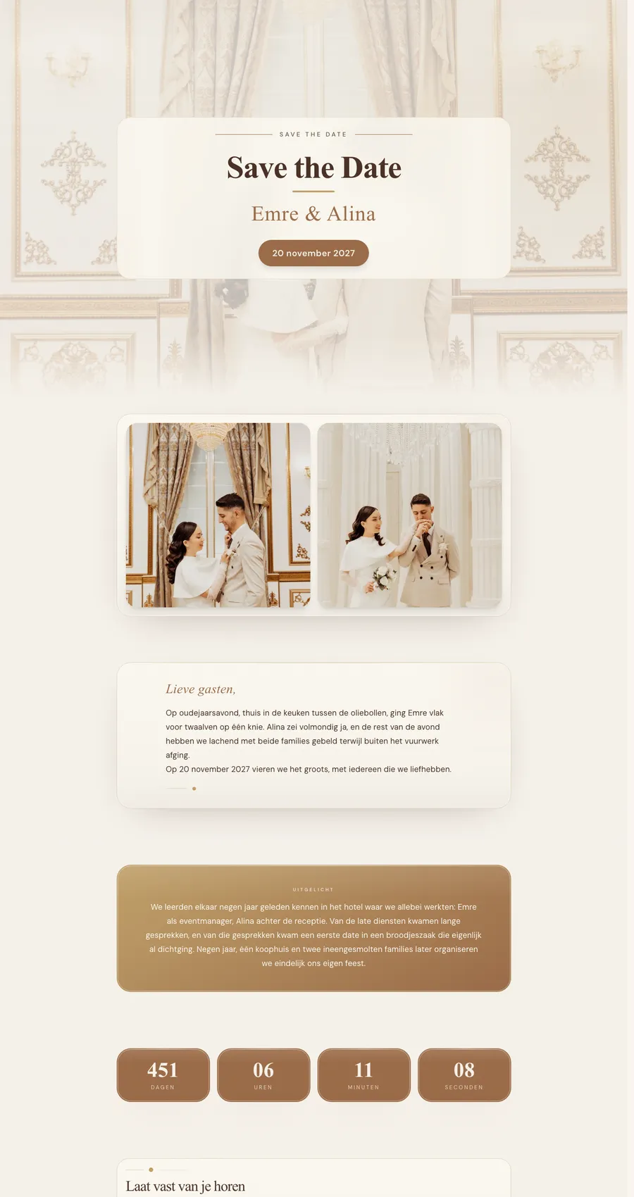 Example save the date for Emre & Alina, in champagne and gold tones in a golden hall.