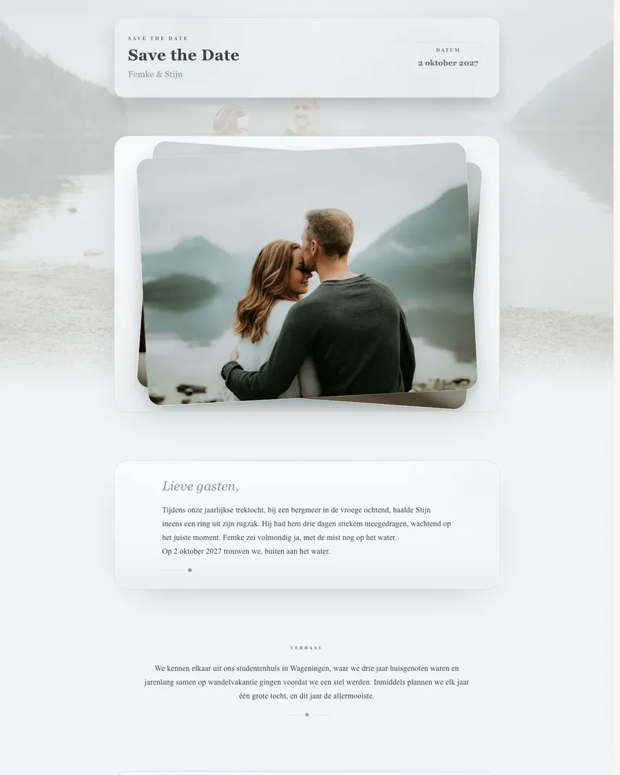 Save the date for demo couple Femke and Stijn: the couple close together by a misty mountain lake, with their names in a light card panel