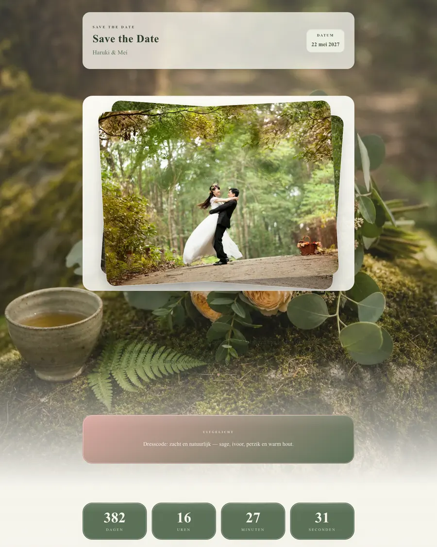Save the date for demo couple Haruki and Mei: a green woodland mood with moss and flowers, and a countdown to the wedding date