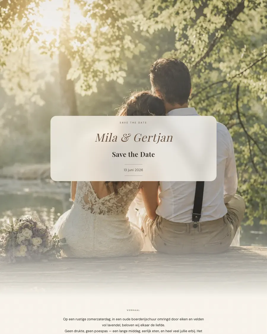 Save the date for demo couple Mila and Gertjan: the couple seen from behind by green water, with their names and wedding date in a light card panel