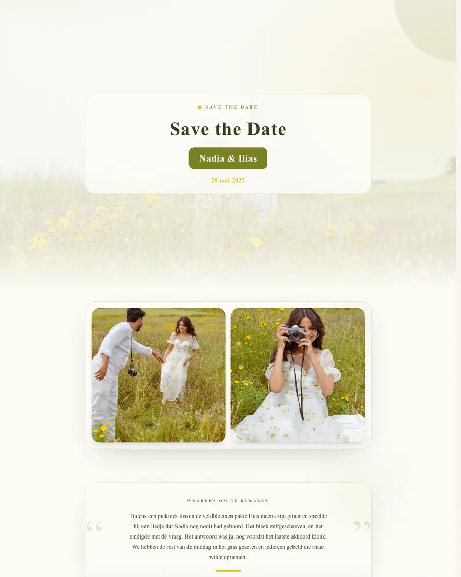 Save the date for demo couple Nadia and Ilias: photos of the couple in a field of yellow flowers, with their names and date in a light card panel