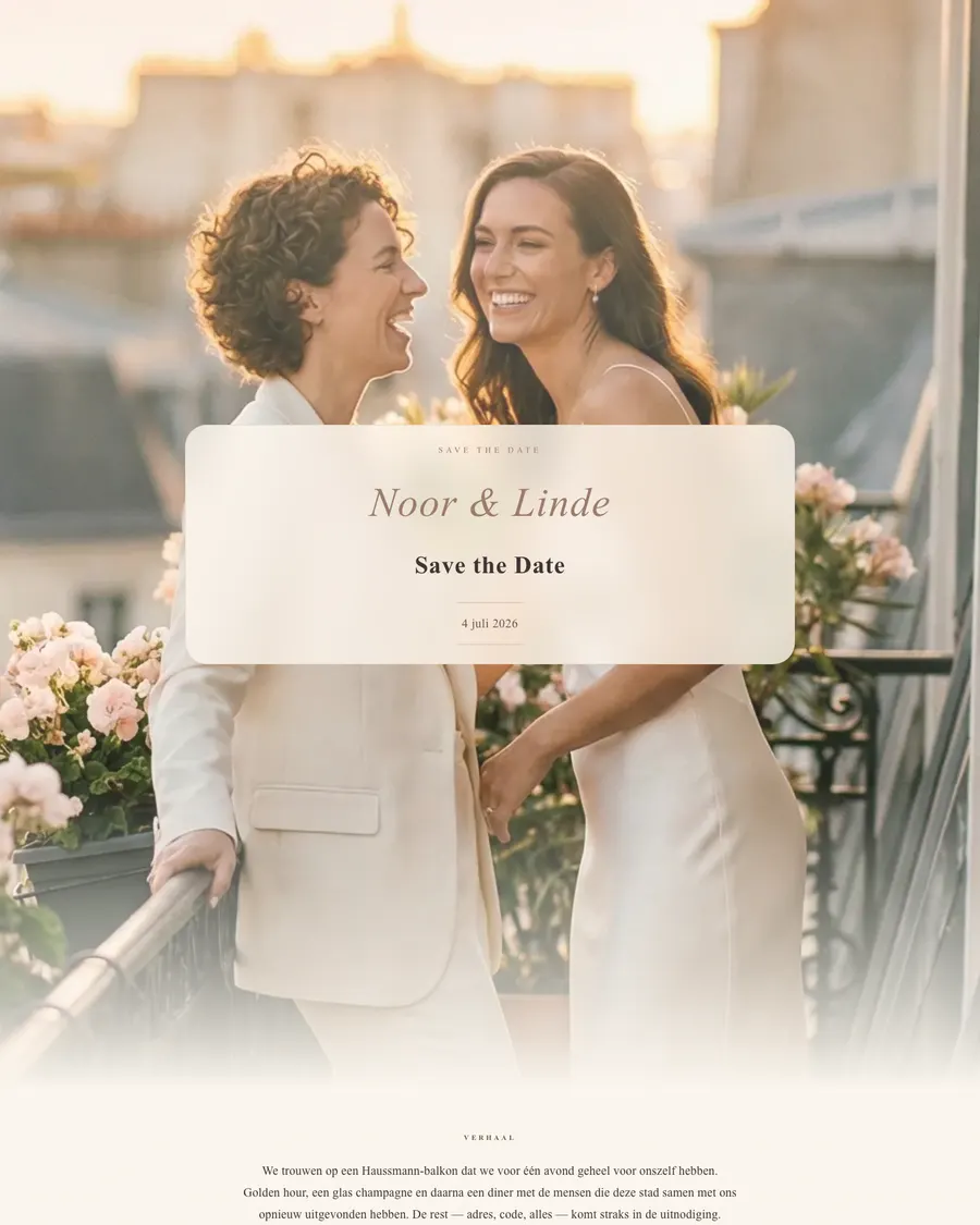 Save the date for demo couple Noor and Linde: a golden-hour photo on a Paris balcony with their names and wedding date in a light card panel