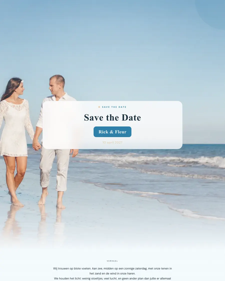 Save the date for demo couple Rick and Fleur: the couple walking barefoot along the water's edge, with their names and wedding date in a light card panel