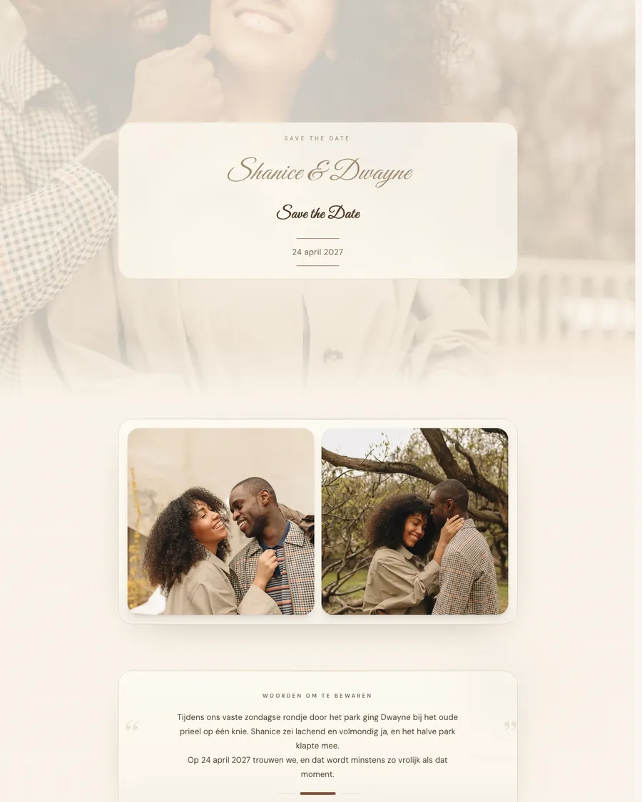 Save the date for demo couple Shanice and Dwayne: their names in handwritten lettering on soft cream, with photos beneath a blossoming tree