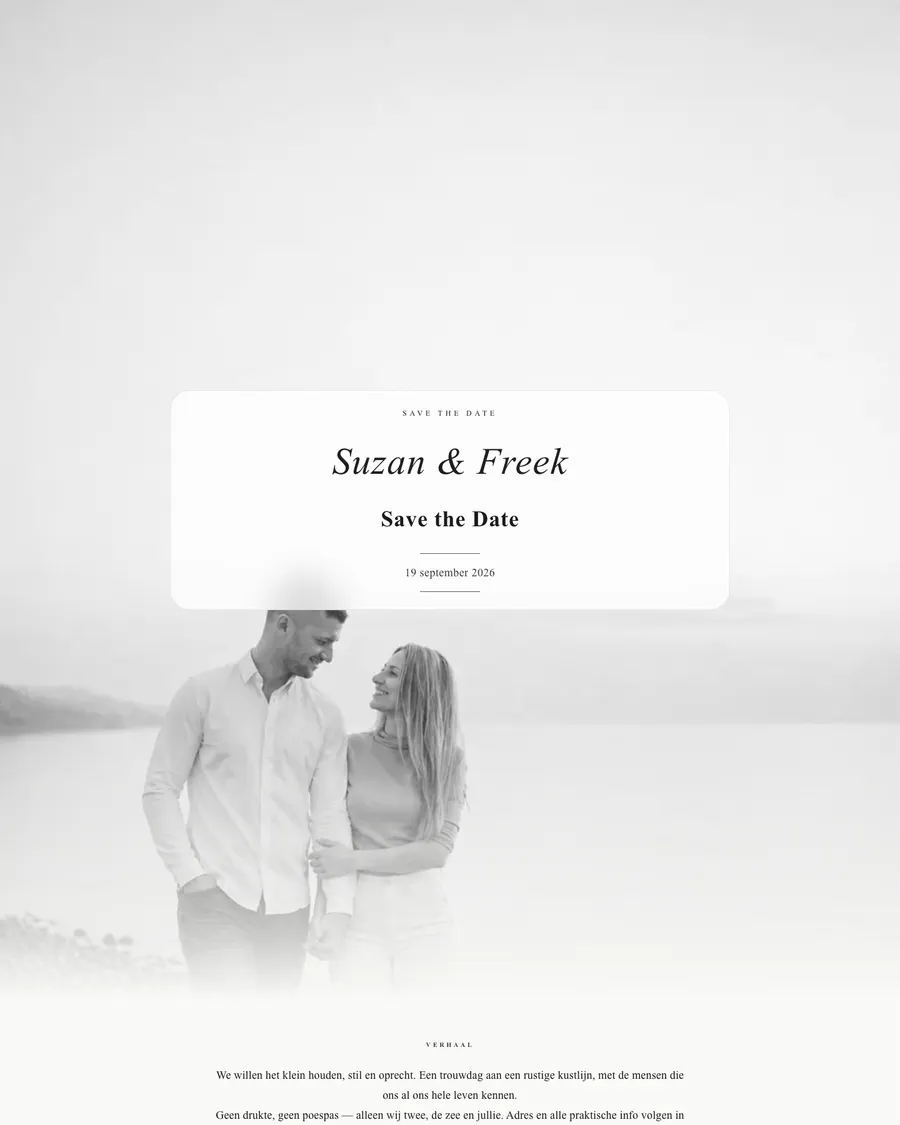 Save the date for demo couple Suzan and Freek: a serene black-and-white shot on the coast with their names and wedding date