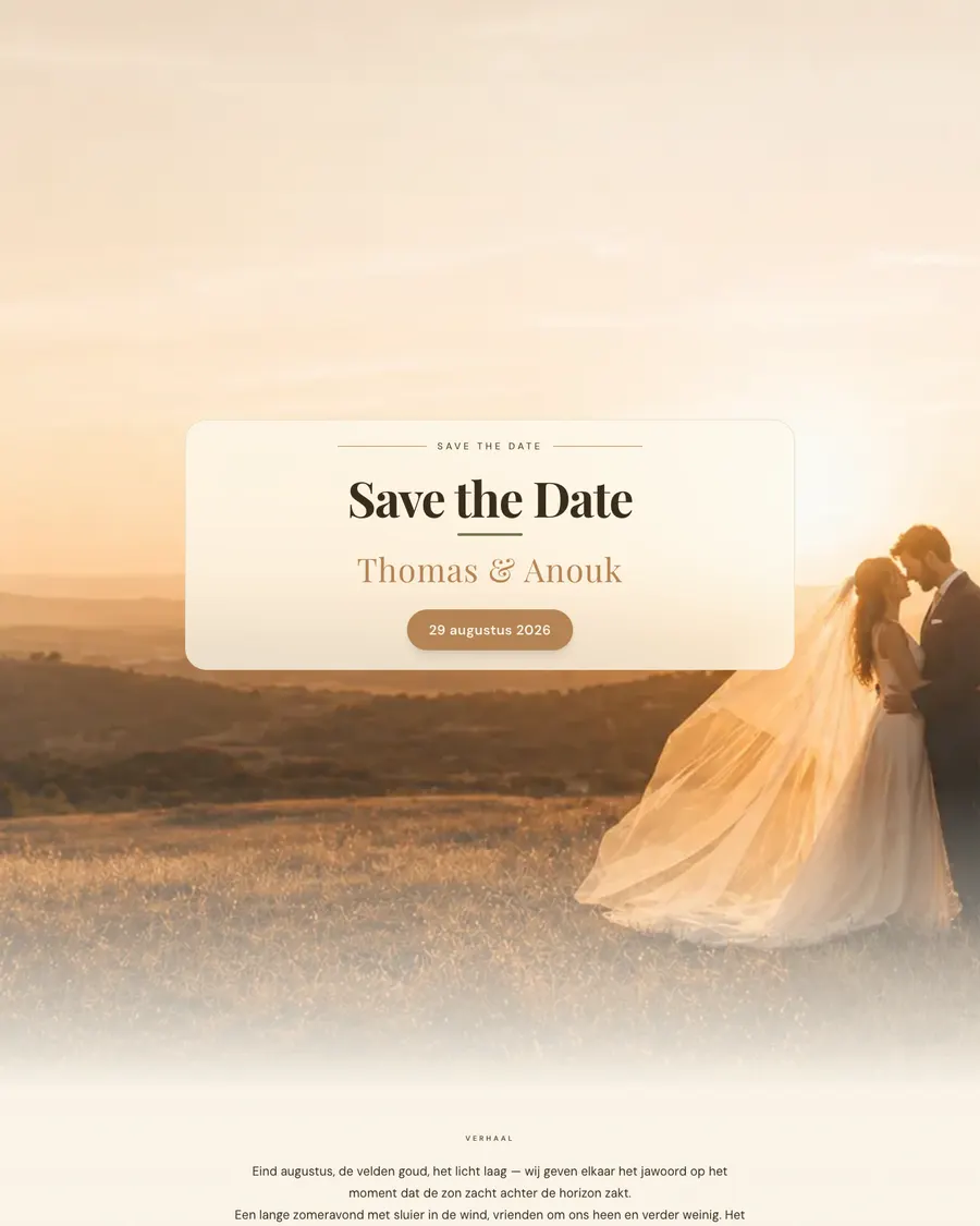Save the date for demo couple Thomas and Anouk: a bride and groom in golden evening light among the fields, with the wedding date in a light card panel