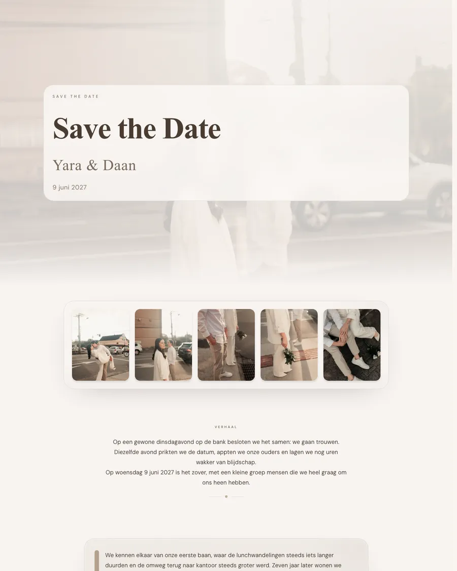 Save the date for demo couple Yara and Daan: a series of city photos in beige and taupe with their names and wedding date in clean lettering